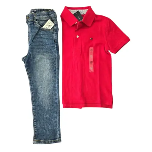Polo color rojo y jeans stretch, talla 4t 