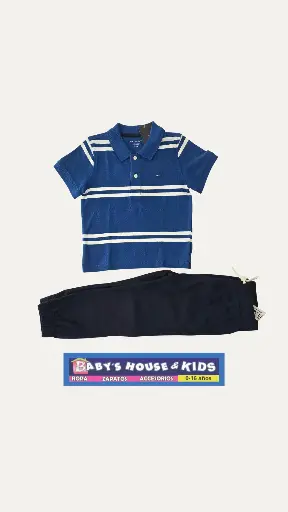 Camisa polo Tommy Hilfiger y pantalón jogger azul marino con ajustable en cintura, talla 4t varón 