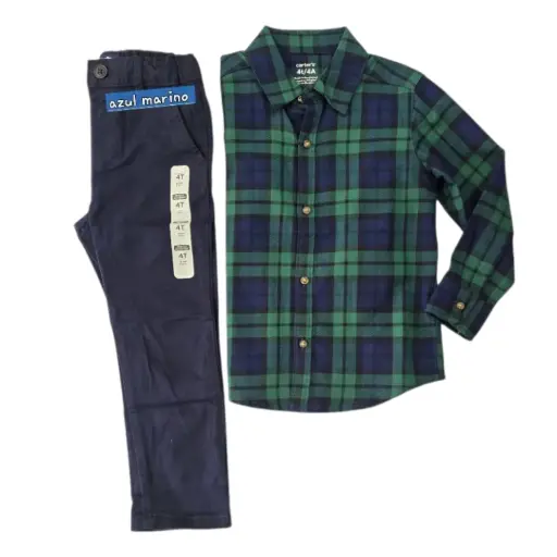 Camisa manga larga a cuadros y pantalón azul marino, talla 