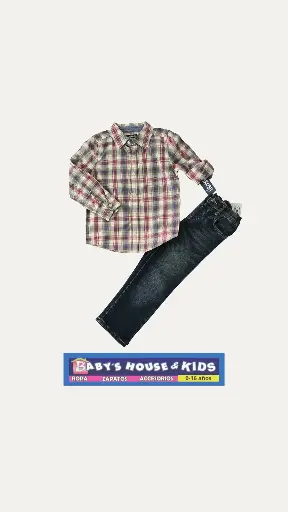 Camisa manga larga a cuadros, con botones y Jean Straight, talla 4t varón 