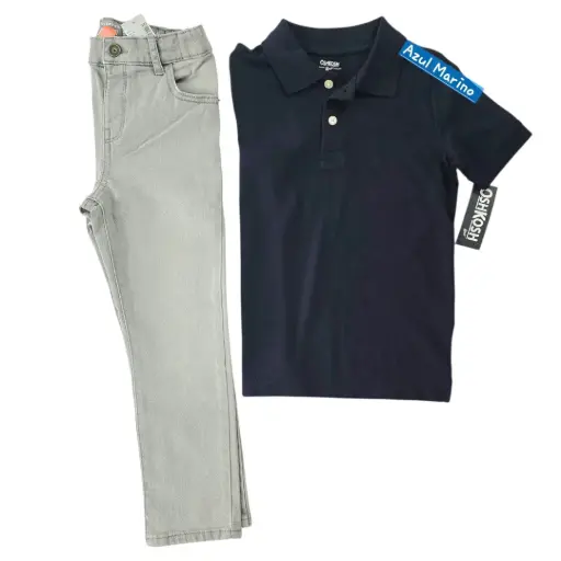 Polo azul marino y Jeans gris talla 5t