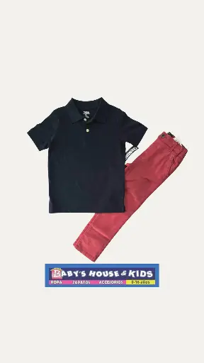 Polo azul marino y pantalón tela gruesa y ajustable en cintura talla 5t