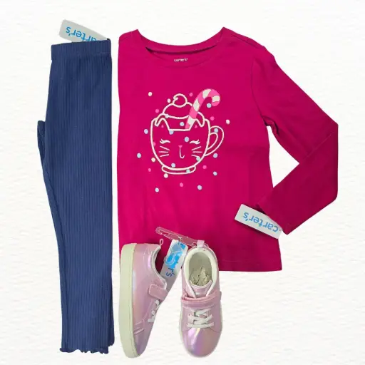 Camisetamanga larga de algodón y leggings azul, talla 6 