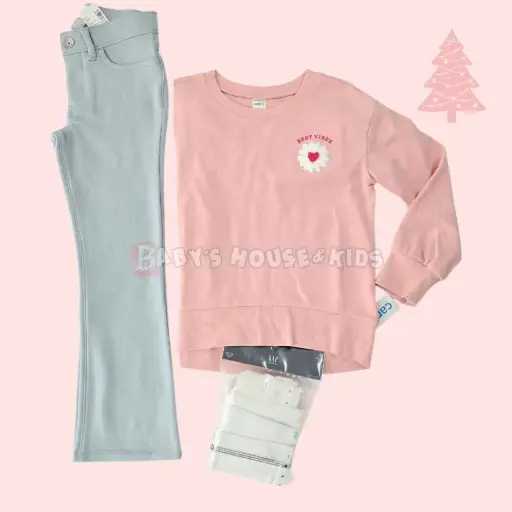 Blusa tipo suéter y pantalón gris, talla 7