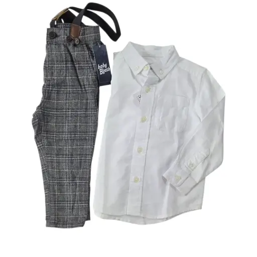 Camisa blanca y pantalón formal con tirantes, talla 18 meses