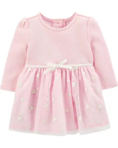 Vestido tela gruesa, rosado con corazones blancos, talla 18 meses