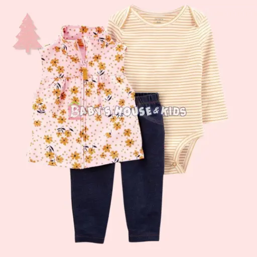 Set 3 piezas con centro floreado calientito, talla 18 meses