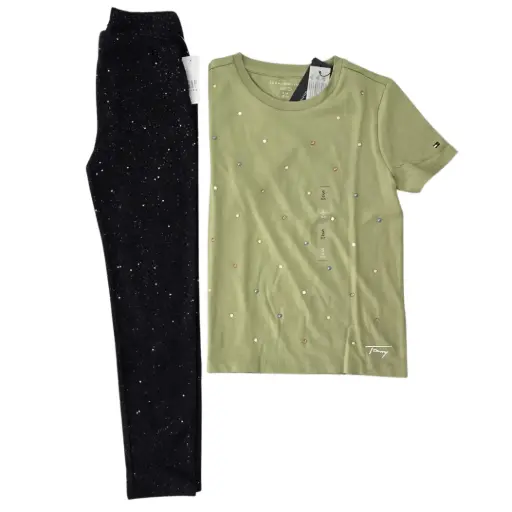 Camisa con perlas de colores y legging con brillos, talla 7 