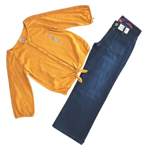 Blusa de botones, manga 3/4 y Jeans anchos, talla 7 