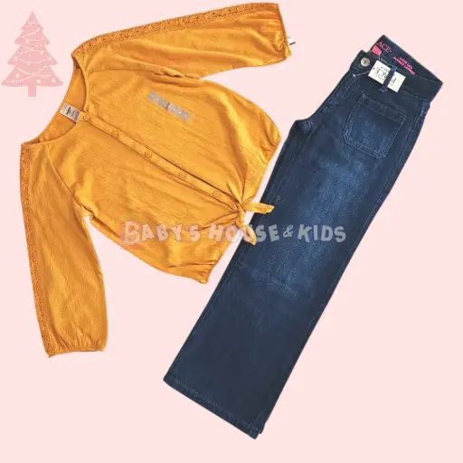 Blusa de botones, manga 3/4 y Jeans anchos, talla 7 