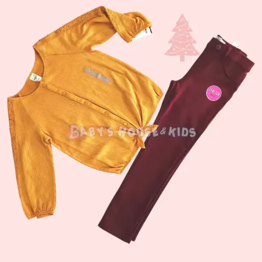 Blusa de botones, manga 3 /4 y pantalón ocre, talla 7