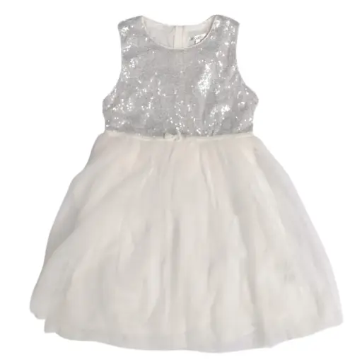 Vestido blanco con lentejuelas plateadas y tutú, talla 8