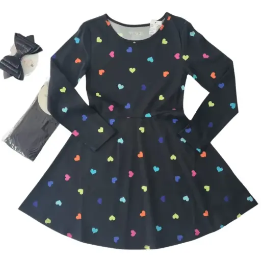 Vestido negro con corazones, manga larga de algodón, talla 8