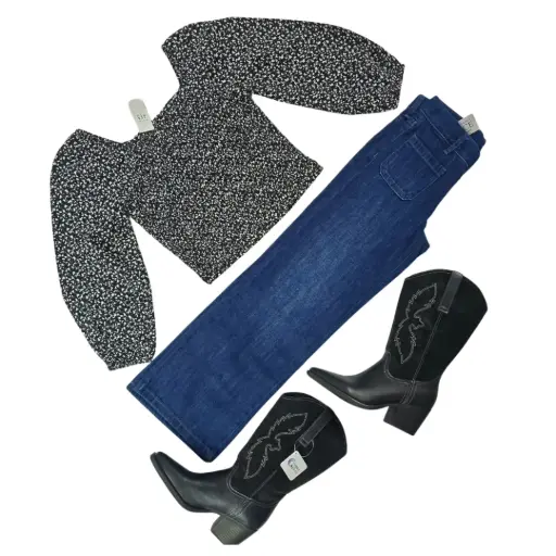 Blusa manga larga talle corto y Jeans anchos, talla 8