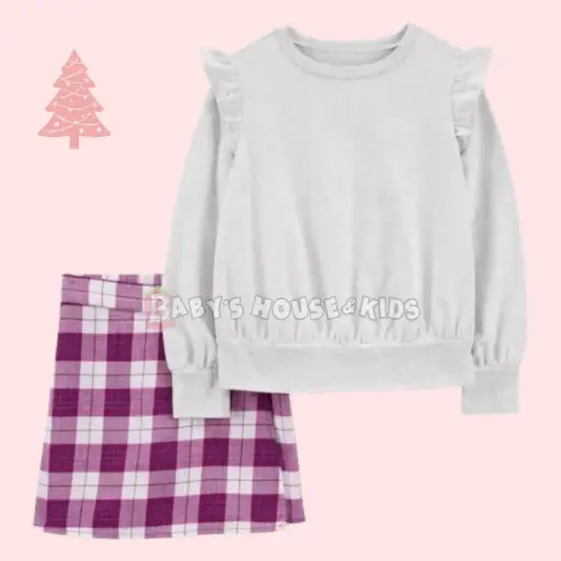 Blusa manga larga estilo suéter y falda cuadrícula, talla 8