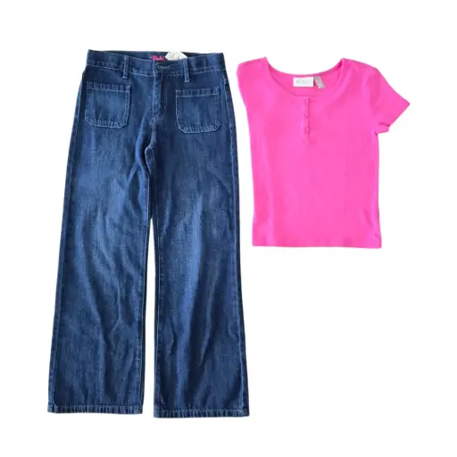 Blusa algodón y falda brillante, talla 10