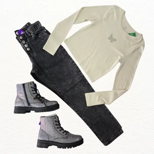 Blusa talle corto y Jeans con detalle de botones en cierre, talla 12