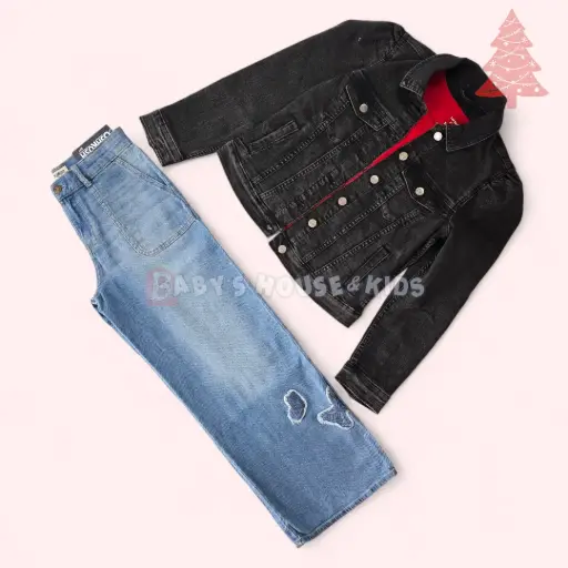 Chumpa talle corto y Jeans ancho color negro, talla 14 niña