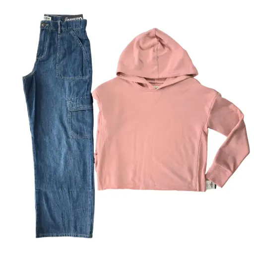 Hoodie 100 % algodón y pantalón jean ancho, talla 14