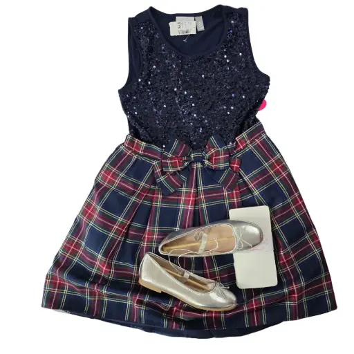 Vestido Azul marino y cuadriculado de temporada, talla 14