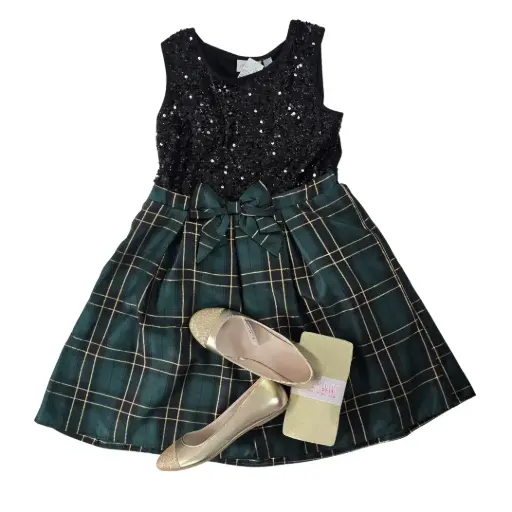 Vestido color verde y cuadriculado de temporada, talla 14