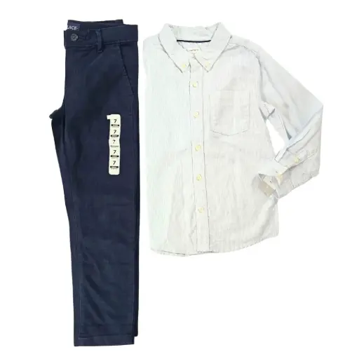 Manga larga de botones y pantalón azul marino, talla 7