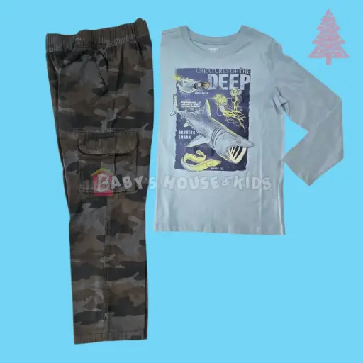 Manga larga de algodón y pantalón cargo moteado, talla 7