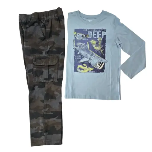 Manga larga de algodón y pantalón cargo moteado, talla 7