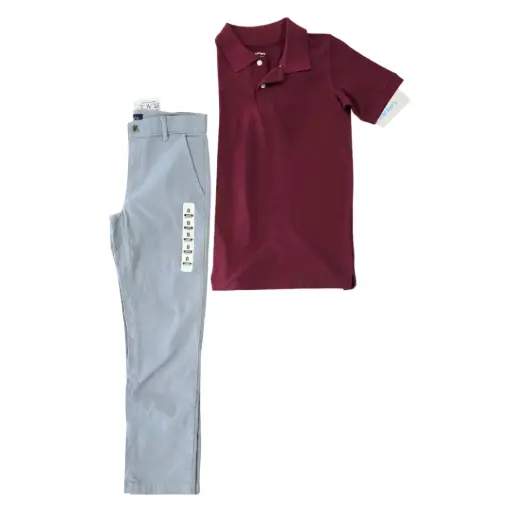 Polo ocre y pantalón formal gris, talla 8