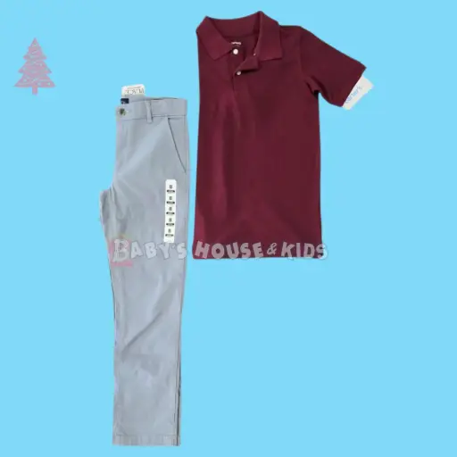 Polo ocre y pantalón formal gris, talla 8