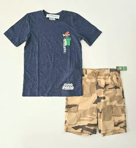 Camiseta mario bros y short cargo talla 12 años