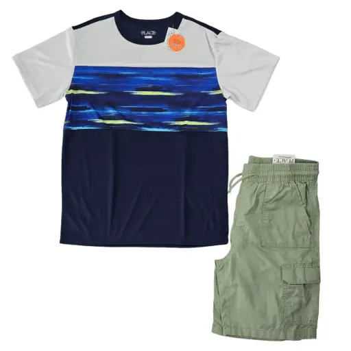 Polo azul marino y short cargo color verde, talla 14
