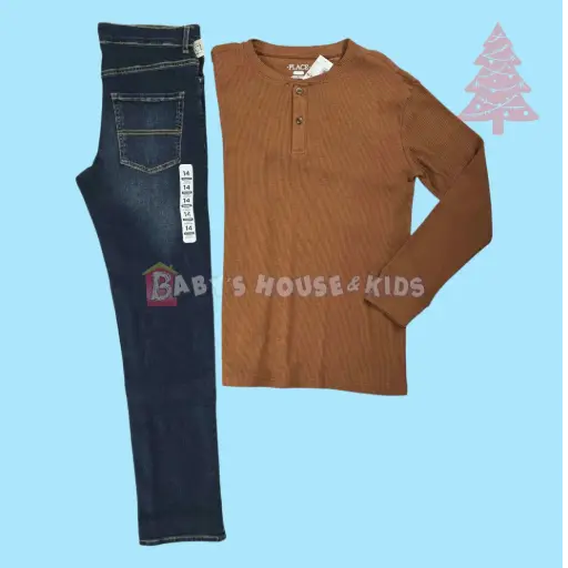 Camisa stretch café y jeans + ancho, talla 14