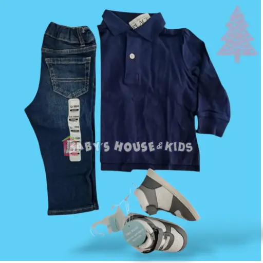 Polo manga larga de algodón y Jeans azul marino, talla 12 meses