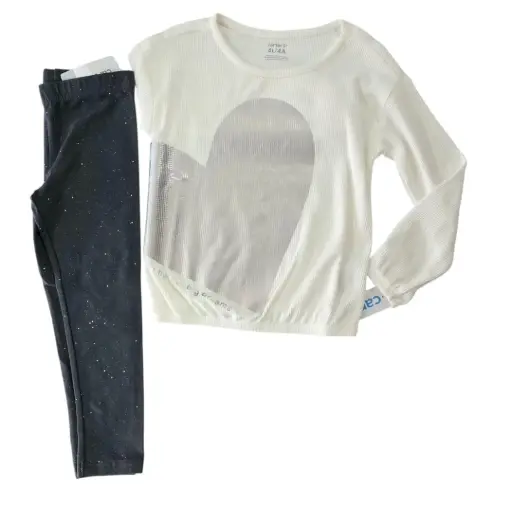 Blusa manga larga con corazón plateado y legging con brillos, talla 3t 