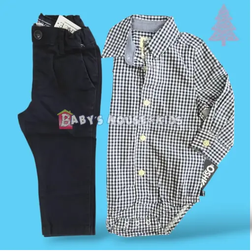Camisa manga larga  con botones y pantalón negro, talla 2t 