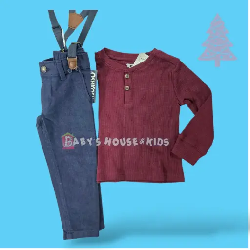 Manga larga cuello chino ocre y pantalón azul marino con tirantes removibles, talla 2t 