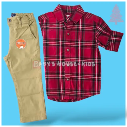 Manga larga de botones cuadriculada y pantalón caqui, talla 2t  