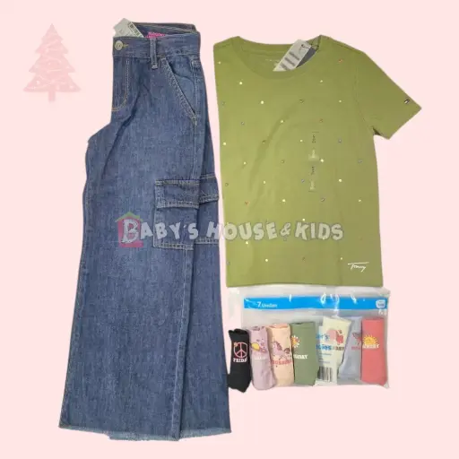 Camiseta con perlas y Jeans ancho, talla 4t niña