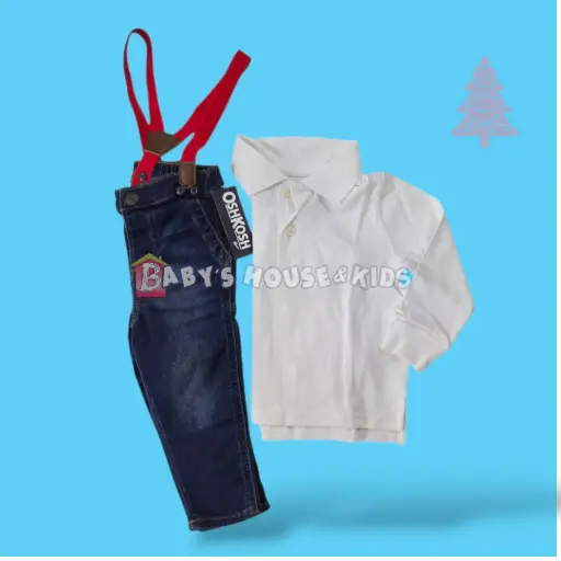 Camisa blanca y Jeans con tirantes rojos, talla 18 meses