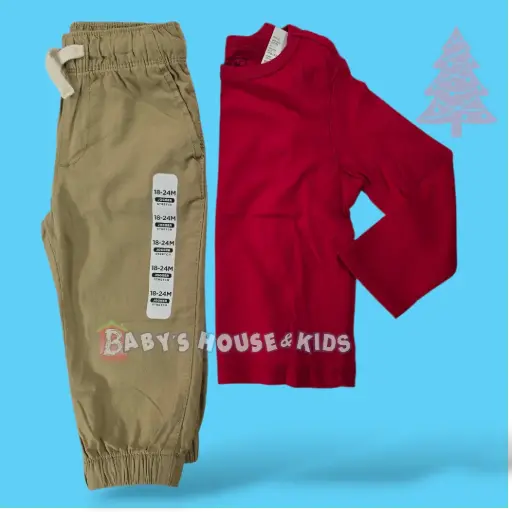 Polo manga larga roja de algodón y pantalón jogger talla 18 meses