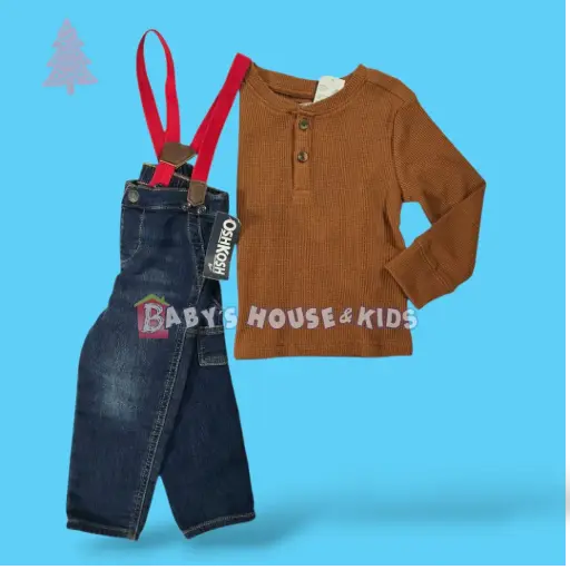 Set Camisa stretch café y jeans con tirantes rojos, talla 18 meses