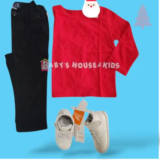 Set Camiseta roja y Jean color negro talla 18 meses varón 