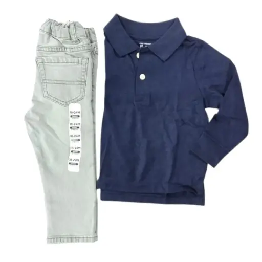 Polo azul marino de algodón y Jeans color gris, talla 18 meses