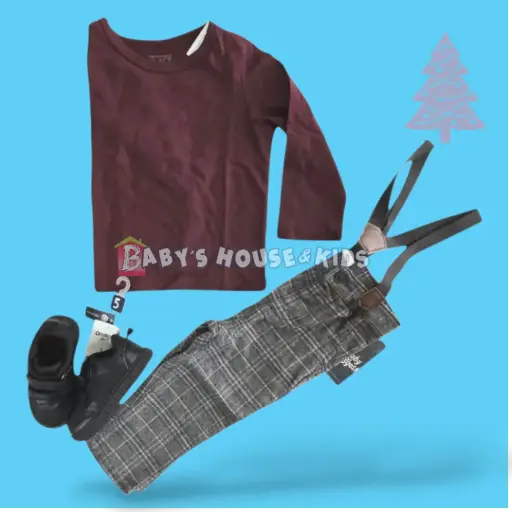 Camisa de algodón manga larga y pantalón formal con tirantes, talla 18 meses