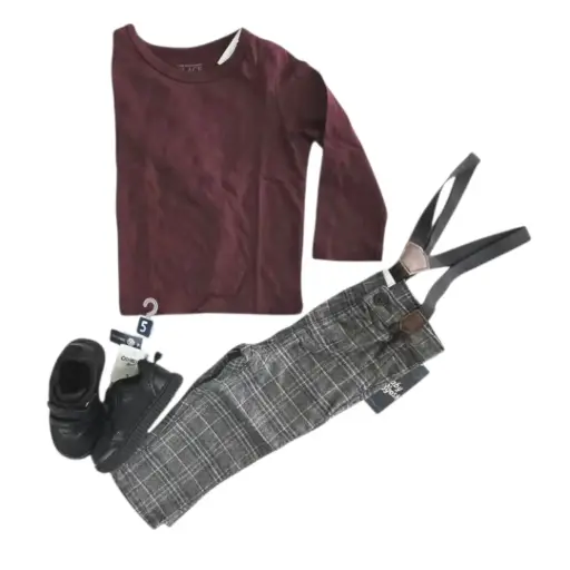 Camisa de algodón manga larga y pantalón formal con tirantes, talla 18 meses