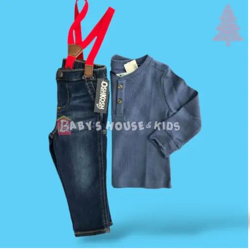 Camisa azul turquesa y jeans con tirantes rojos, talla 18 meses
