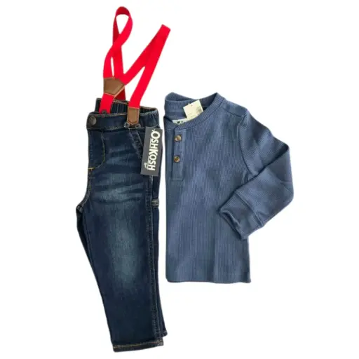 Camisa azul turquesa y jeans con tirantes rojos, talla 18 meses