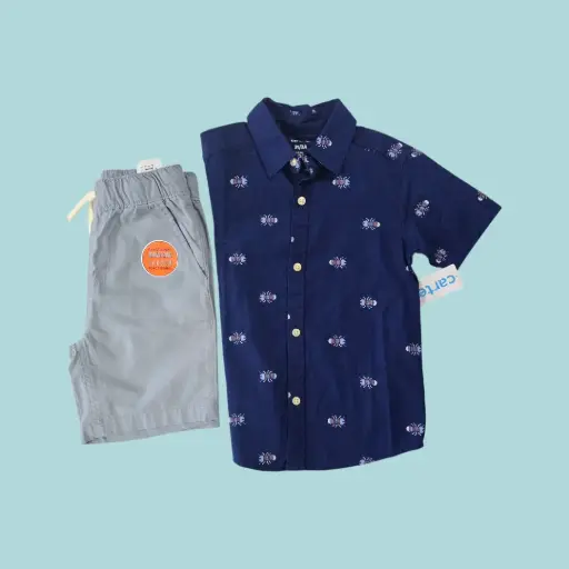 Manga corta de botones y Short gris, talla 3t 