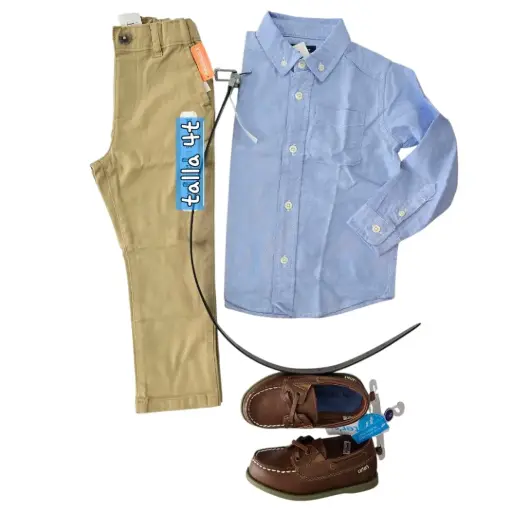 Manga larga azul de botones y pantalón caqui, talla 3t 